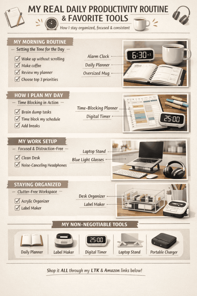 Stylized productivity infographic titled “My Daily Productivity Routine” displaying morning habits, time-blocking planning, focused work setup, organization tools, afternoon reset, and on-the-go essentials with images of planners, desk tools, coffee, headphones, and a work tote on a beige background.