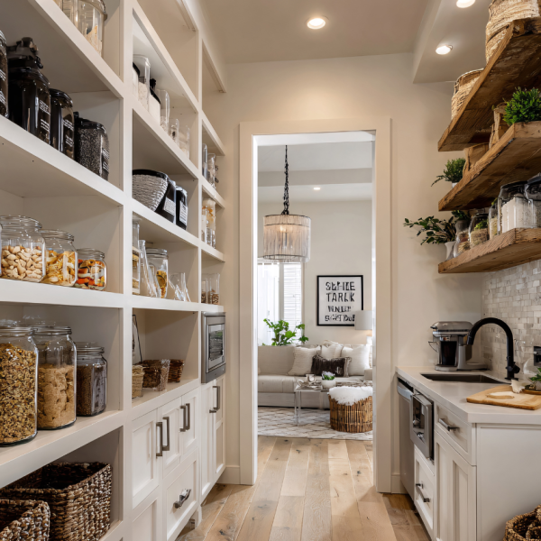Well-organized living space with labeled storage bins, baskets, and clutter-free surfaces in neutral tones.