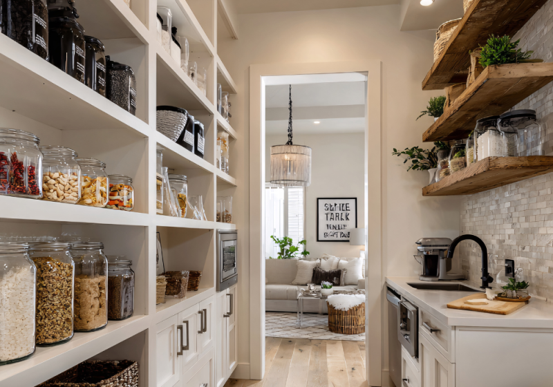 Well-organized living space with labeled storage bins, baskets, and clutter-free surfaces in neutral tones.