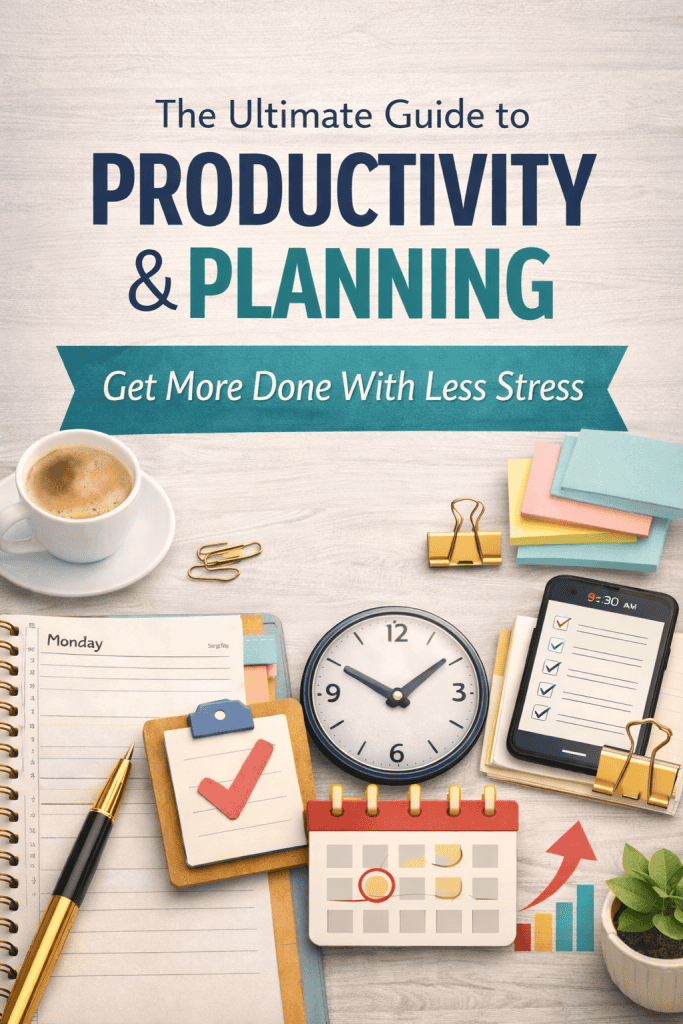 Organized desk scene with planner, calendar, checklist, clock, and productivity tools representing effective productivity and planning routines.