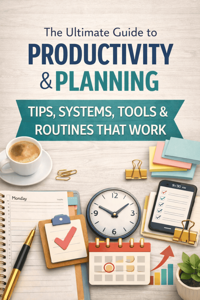 Minimalist productivity and planning workspace featuring a planner, sticky notes, clock, smartphone checklist, and coffee on a neutral desk.
