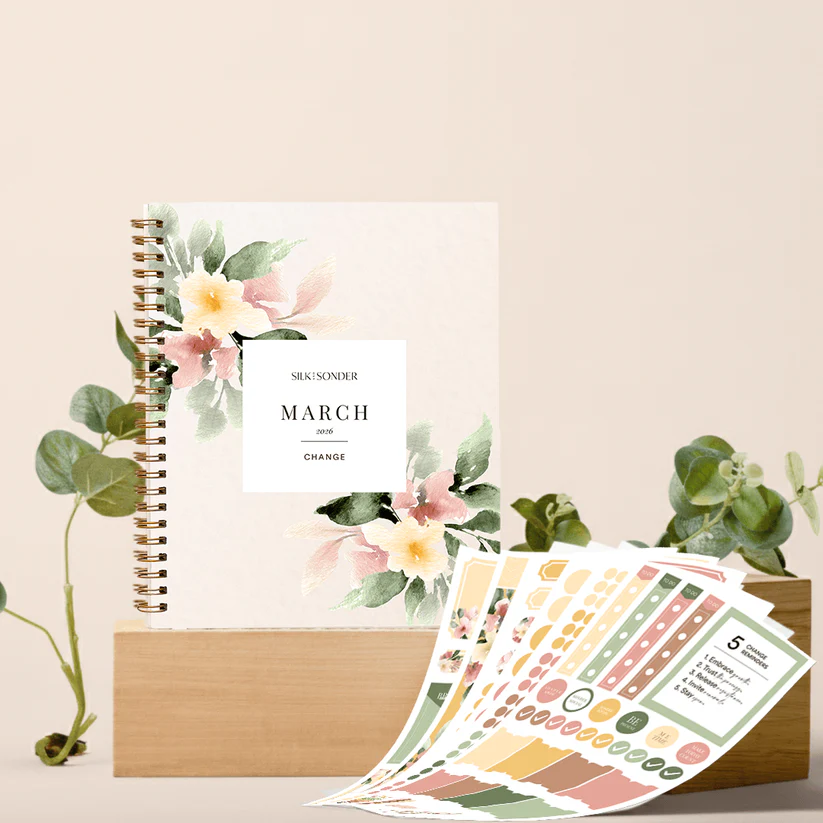 Image of the March 2026 planner with stickers for customizing your planner to fit your daily and monthly planning and goal needs.