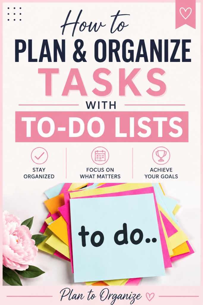 Feminine Pinterest graphic featuring colorful sticky notes with the words βto doβ and bold text reading βHow to Plan & Organize Tasks With To-Do Lists.β The design includes soft pink accents, productivity icons, and branding for Plan to Organize, focused on organization, productivity, weekly planning, and task management tips.
