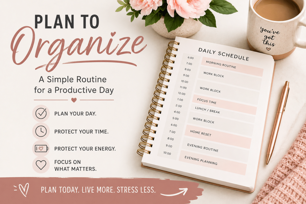 Styled flat lay of a daily schedule planner with soft pink accents, coffee mug, flowers, and text about planning a productive day.
