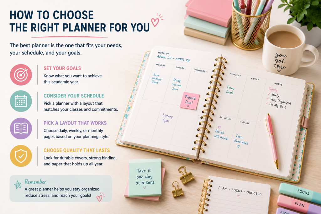 How to choose the right academic planner for students, with tips on goal setting, scheduling, planner layouts, and selecting a durable planner for the school year.