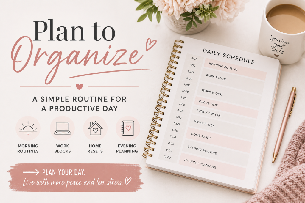 Flat lay of a daily schedule planner with soft pink accents, coffee mug, flowers, and productivity text for organizing your day.