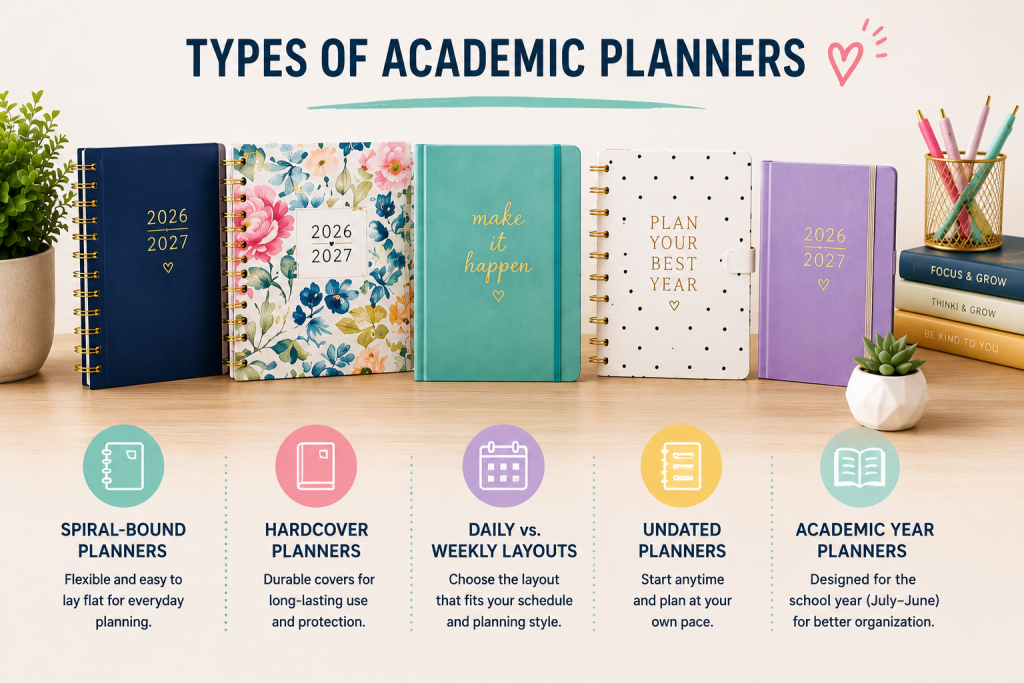 Different types of academic planners for students, featuring spiral-bound, hardcover, daily, weekly, undated, and academic year planners in a bright study workspace.