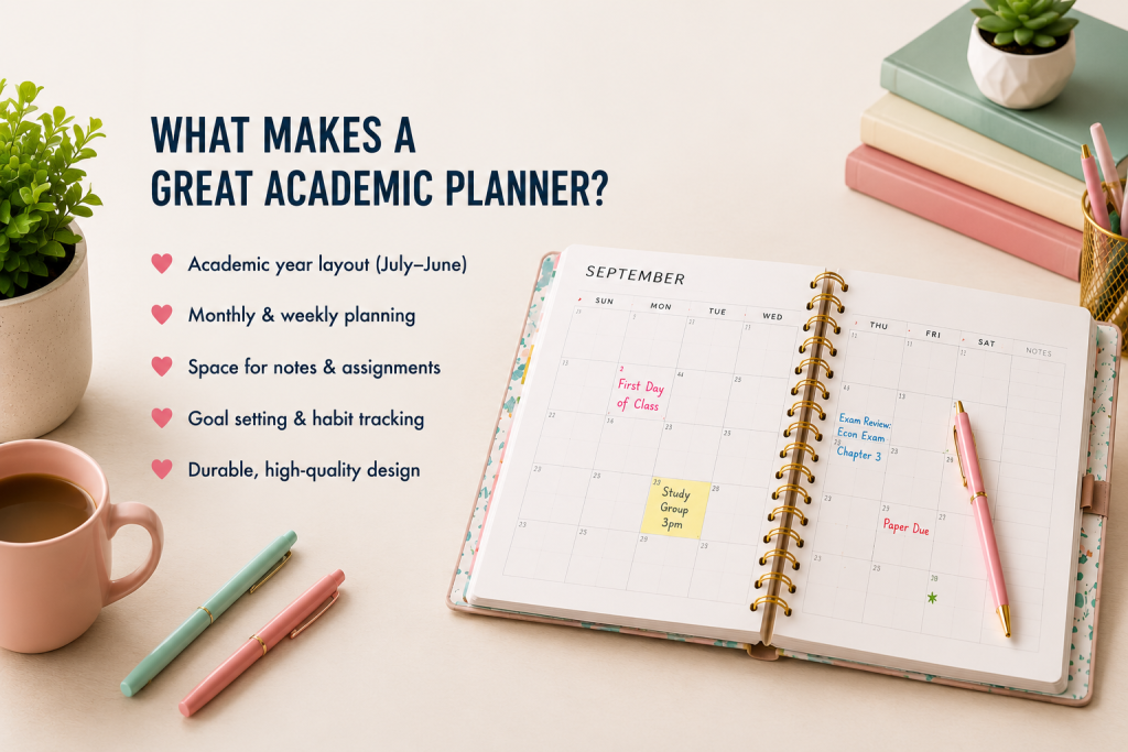 Types of academic planners including spiral-bound, hardcover, daily, weekly, undated, and academic year planners displayed in an organized study workspace for students.