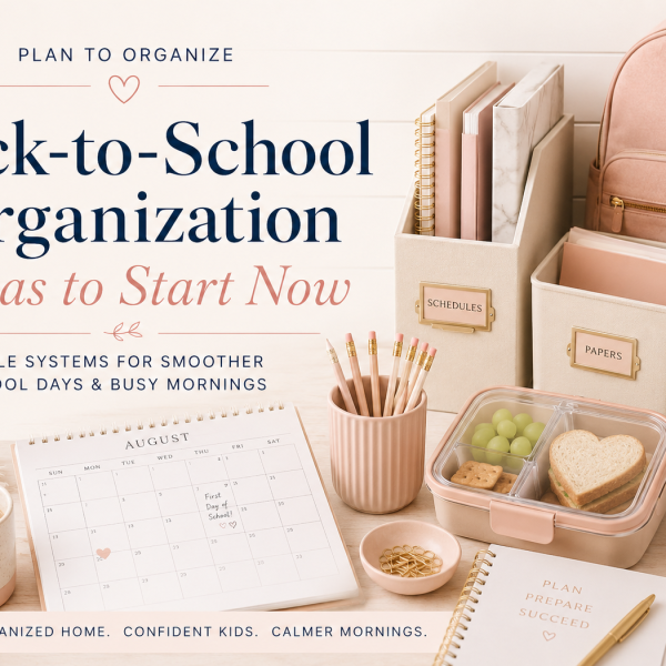 Back-to-school organization featured image with a blush backpack, labeled bins for schedules and papers, school planner, pencils, lunchbox, water bottle, and the title “Back-to-School Organization Ideas to Start Now.”