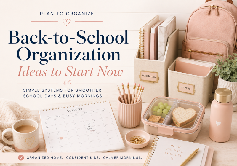 Back-to-school organization featured image with a blush backpack, labeled bins for schedules and papers, school planner, pencils, lunchbox, water bottle, and the title “Back-to-School Organization Ideas to Start Now.”