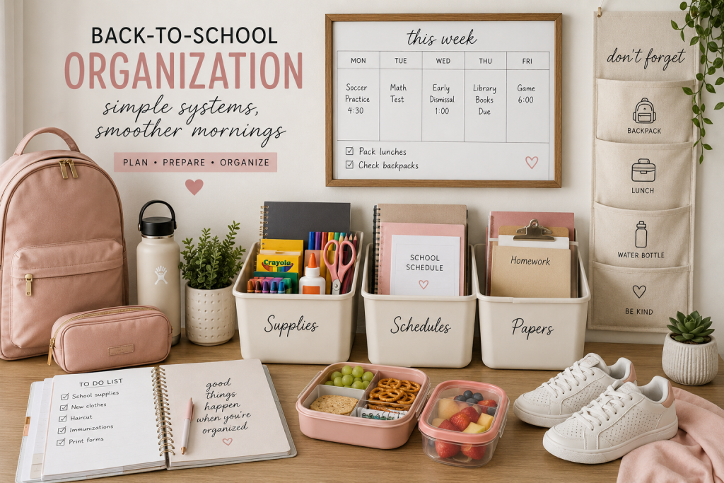 Back-to-school organization image with a blush backpack, weekly planner, labeled bins for supplies, schedules, and papers, lunch containers, sneakers, school checklist, and command center for smoother mornings.