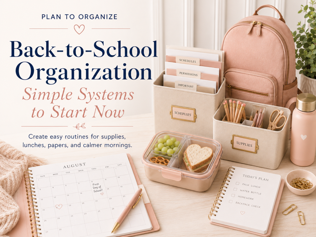 Back-to-school organization image with a blush backpack, labeled bins for schedules and supplies, a lunchbox, school planner, pencils, water bottle, and checklist for calmer school mornings.