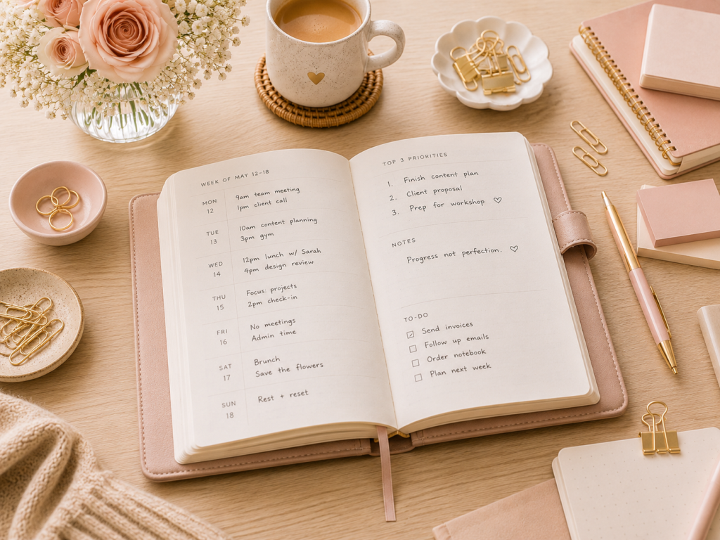 Open paper planner with weekly priorities and a to-do list on a blush-toned desk beside coffee, flowers, stationery, and a smartphone.