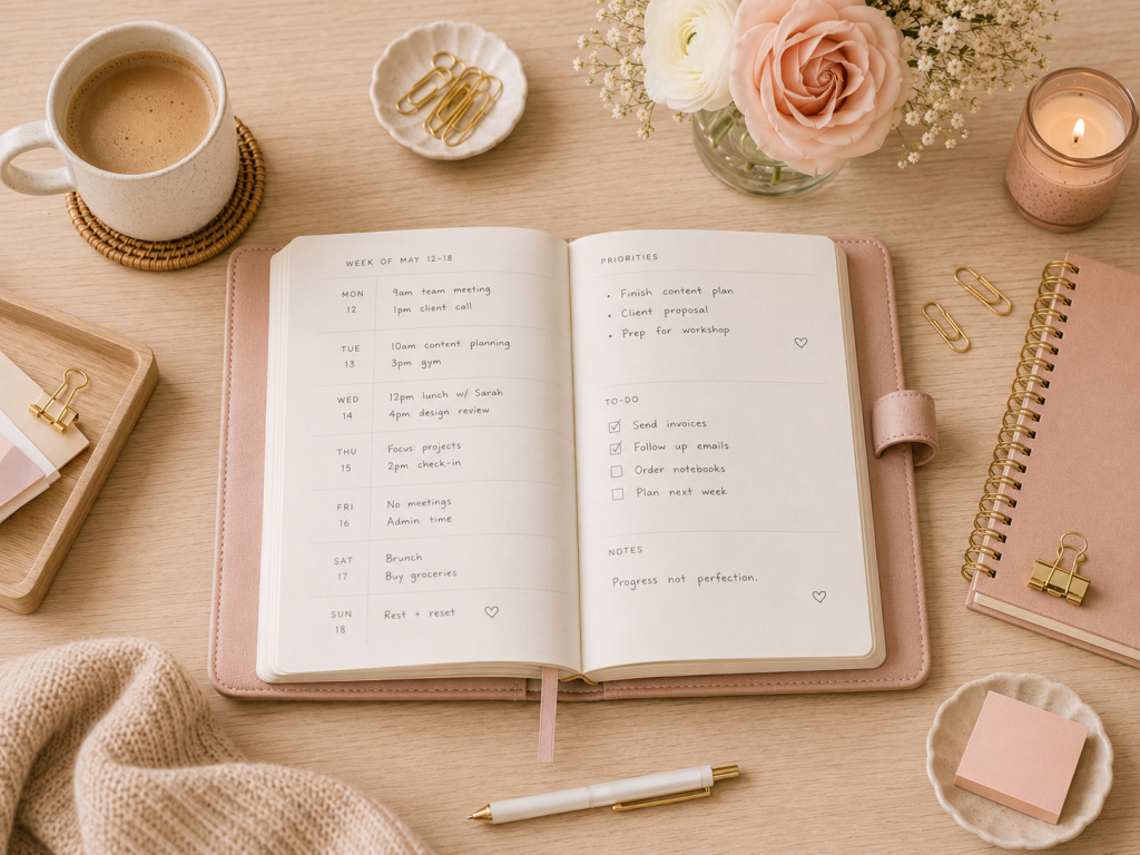 Open weekly paper planner with priorities, a to-do list, and notes on a blush-toned desk with coffee, flowers, a candle, stationery, and gold accessories.