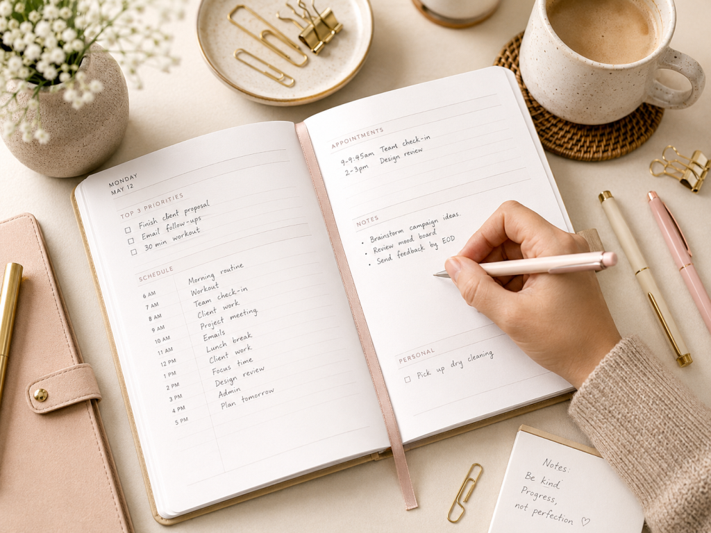 Woman writing her top three priorities, appointments, and notes in an open paper planner on a warm, neutral desk.
