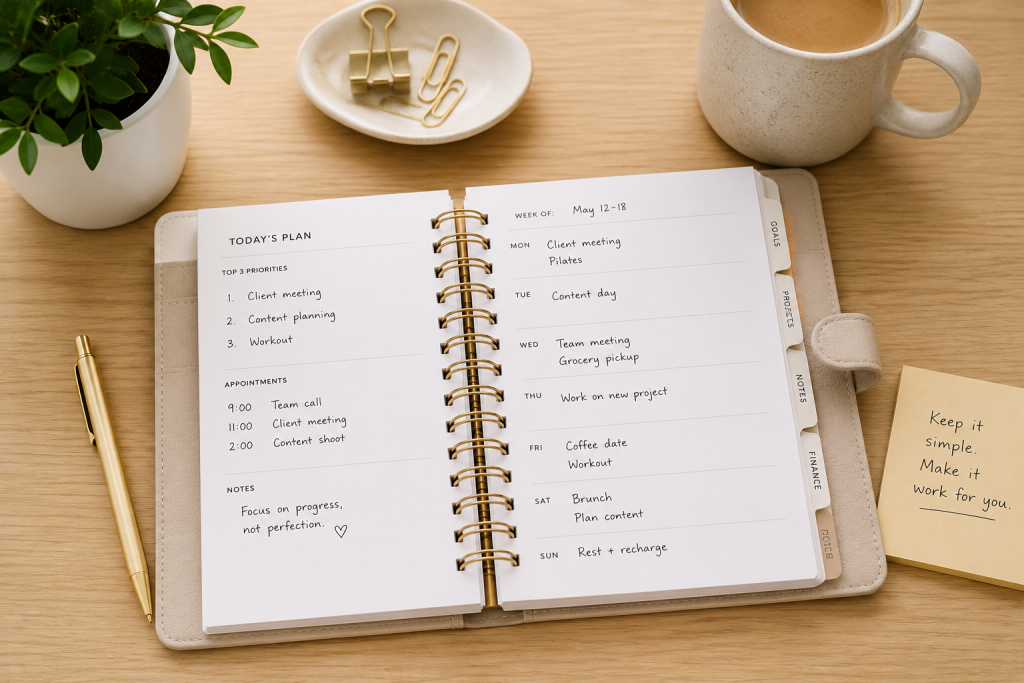 Open paper planner showing top priorities, appointments, and a simple weekly schedule on a light wood desk with coffee, a plant, and gold accessories.
