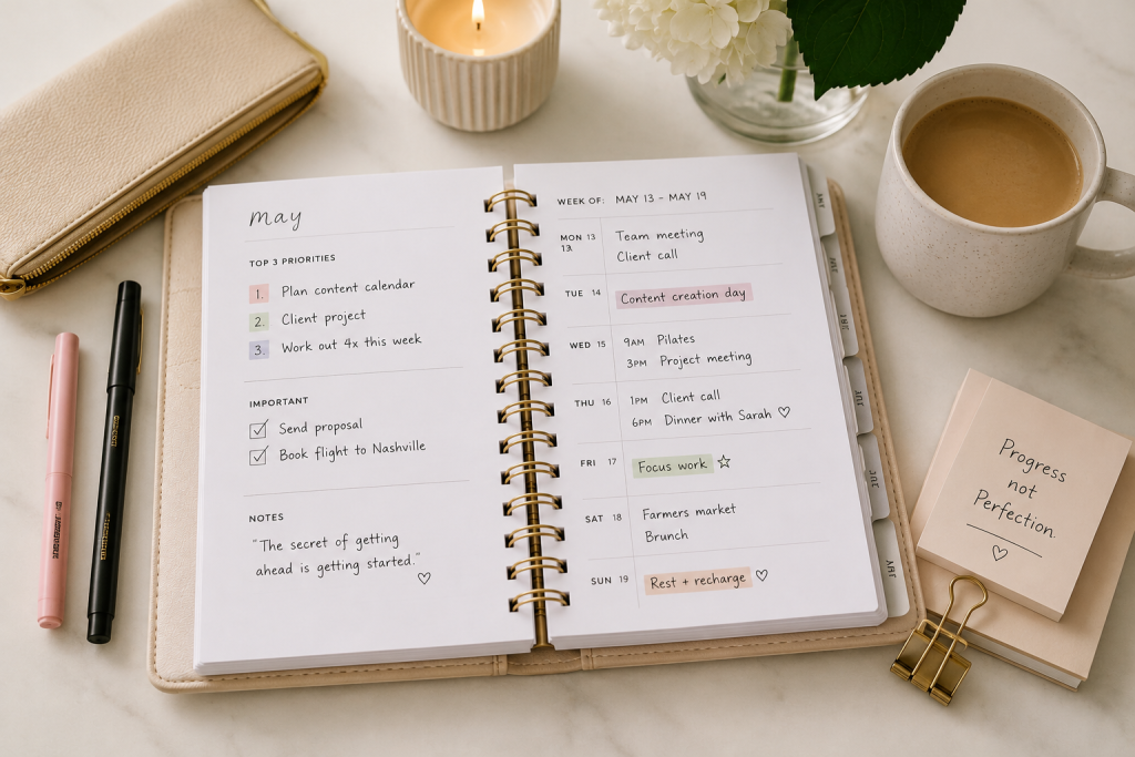 Open weekly paper planner with three priorities, appointments, and color-coded tasks beside coffee, flowers, pens, and a reminder that says progress, not perfection.