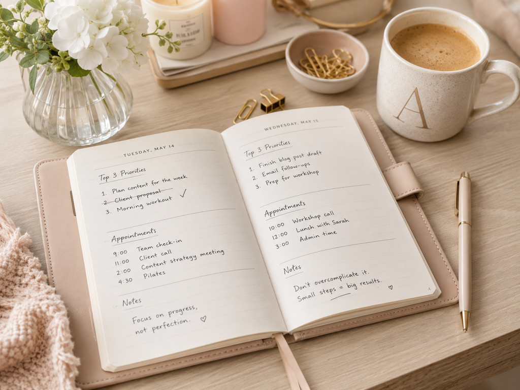 Open paper planner with top three priorities, appointments, and simple notes on a warm desk beside coffee, flowers, and neutral office accessories.