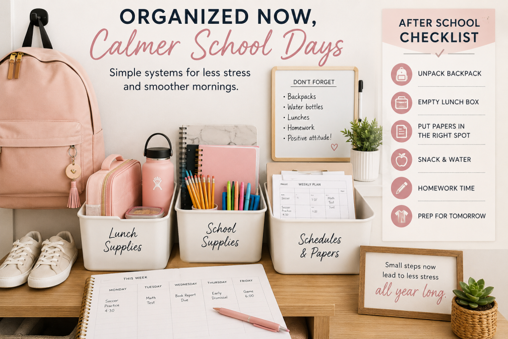 Back-to-school organization setup with a blush backpack, lunch supplies, school supplies, schedules and papers bins, weekly planner, shoes, water bottle, and after-school checklist for calmer school days.
