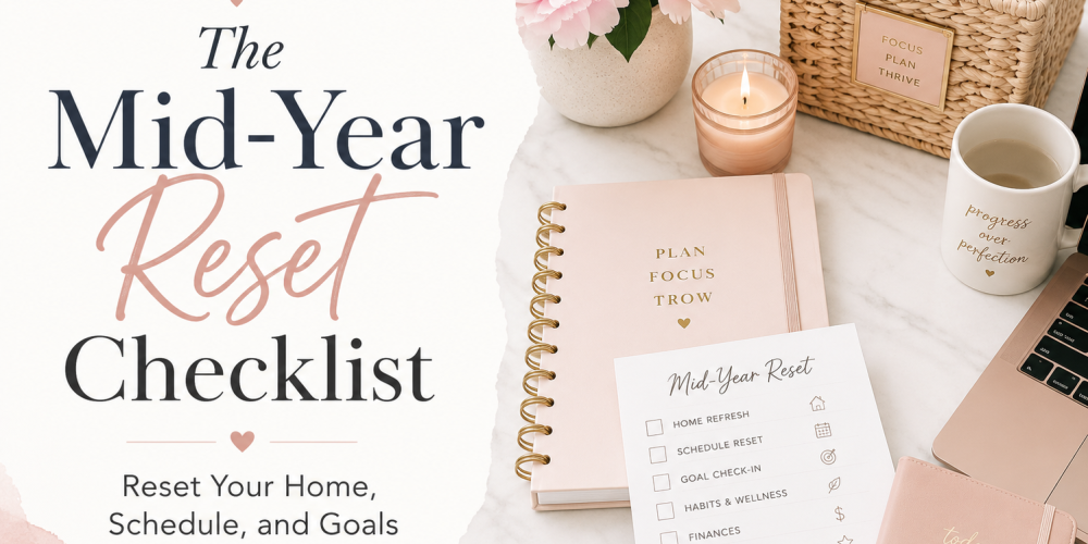 Feminine blog featured image for a mid-year reset post, showing a blush planner, checklist, candle, pink flowers, coffee mug, and desk accessories with the title “The Mid-Year Reset Checklist: Reset Your Home, Schedule, and Goals.”