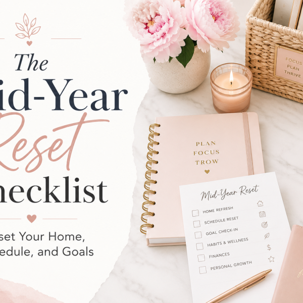 Feminine blog featured image for a mid-year reset post, showing a blush planner, checklist, candle, pink flowers, coffee mug, and desk accessories with the title “The Mid-Year Reset Checklist: Reset Your Home, Schedule, and Goals.”