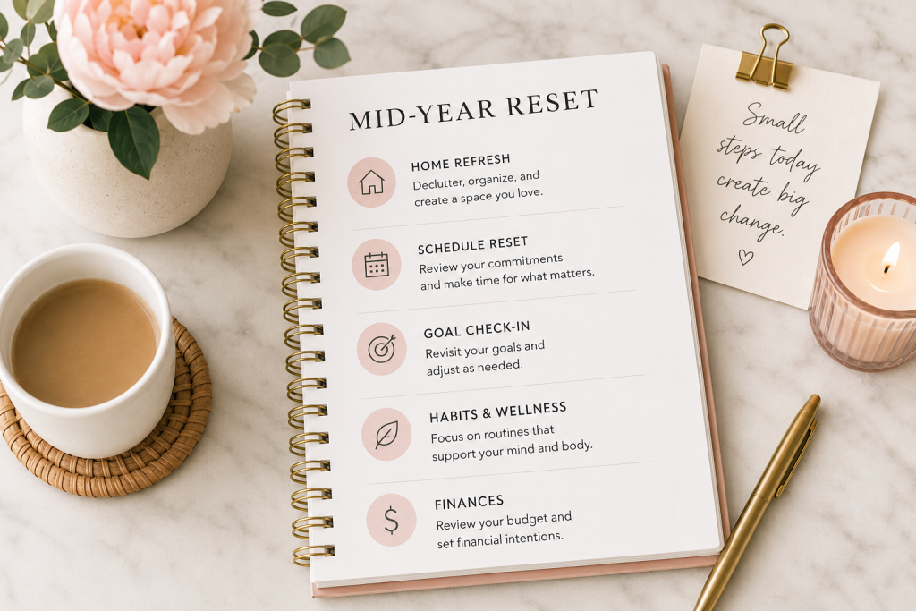 Flat lay of a blush pink mid-year reset planner featuring sections for home, schedule, goals, wellness, and finances, styled with coffee, flowers, a candle, and gold accessories.