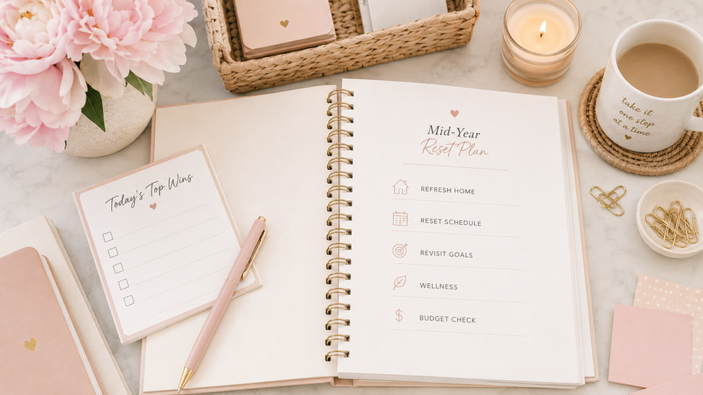 Overhead view of a blush pink mid-year reset planner with goals for home, schedule, wellness, and budgeting, styled with flowers, coffee, a candle, notebooks, and gold accessories.
