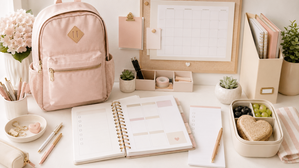 A cozy back-to-school organization scene with pastel backpacks, notebooks, pens, a water bottle, an apple, and a checklist arranged on a wooden table.