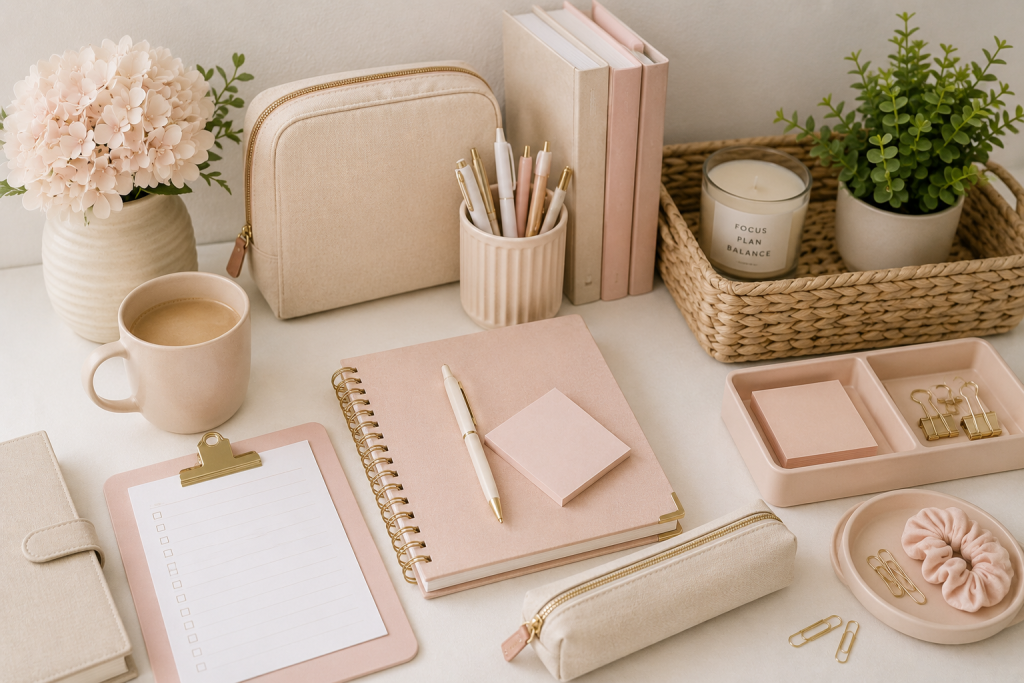 Soft blush and cream desk setup with a planner, checklist, coffee mug, flowers, notebooks, pens, storage baskets, and gold office accessories.
