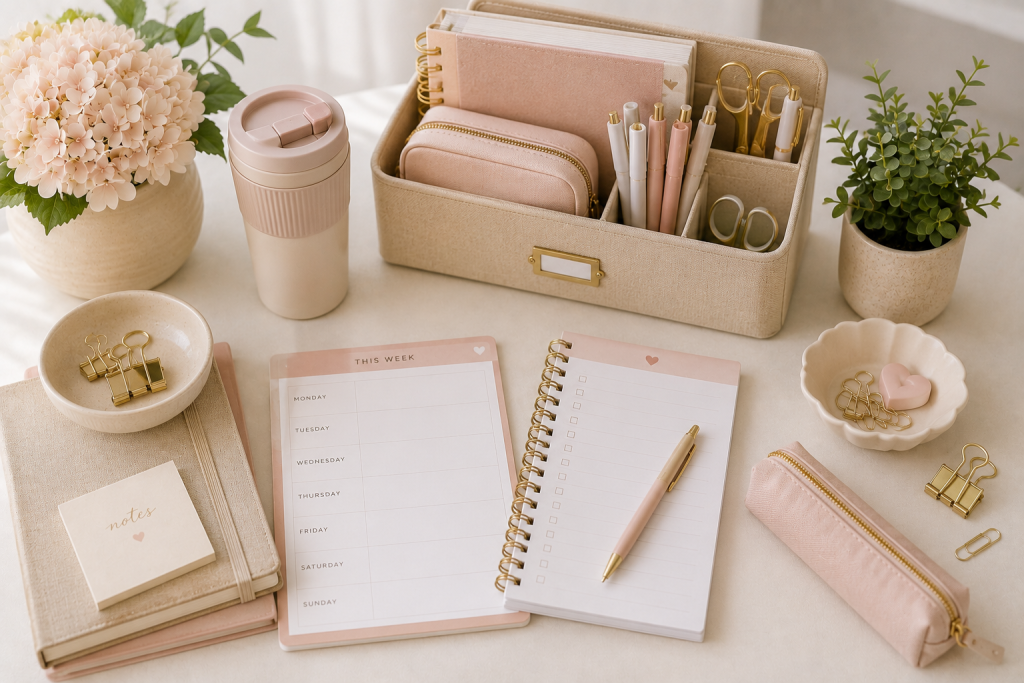Soft blush and cream desk setup with a weekly planner, checklist notebook, pens, flowers, tumbler, storage organizer, and gold office accessories.