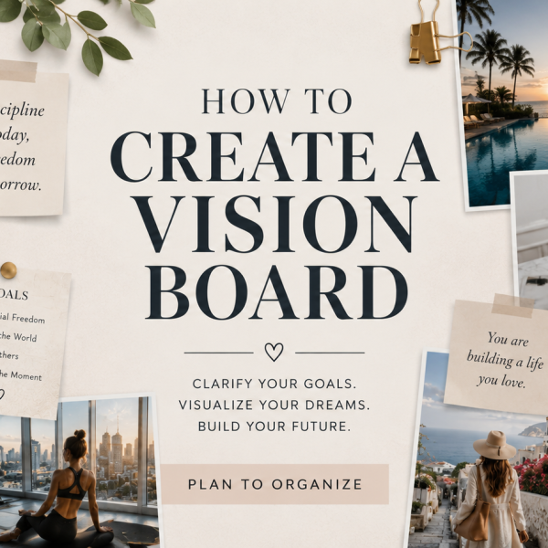 Luxury vision board collage with Paris, travel, financial freedom, wellness, and goal-setting imagery surrounding an inspirational life goals quote.