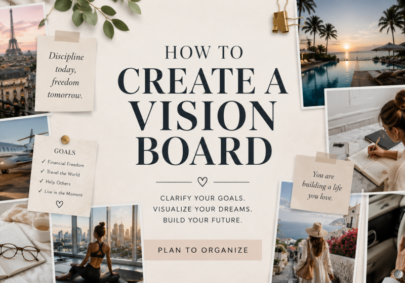 Luxury vision board collage with Paris, travel, financial freedom, wellness, and goal-setting imagery surrounding an inspirational life goals quote.