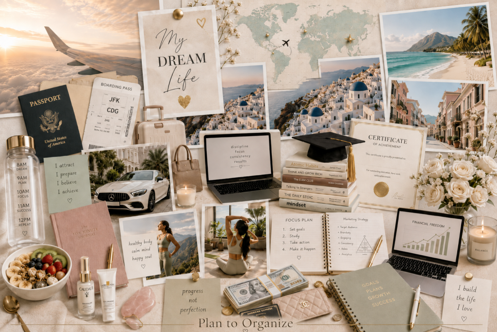 Feminine neutral vision board collage with travel, financial freedom, wellness, goal setting, healthy habits, and luxury lifestyle inspiration, featuring “I am becoming the best version of myself” and Plan to Organize.
