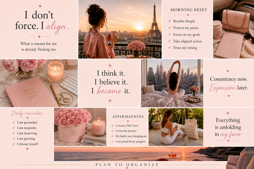 Luxury wealth vision board collage featuring Paris, designer-inspired fashion, financial freedom affirmations, travel, flowers, jewelry, coffee, and abundance goals in a soft neutral aesthetic.
