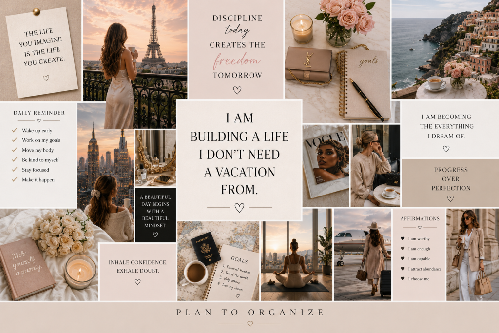 Feminine wealth vision board collage featuring Paris, luxury fashion, financial freedom affirmations, travel, flowers, jewelry, goal setting, and abundance inspiration with Plan to Organize at the bottom.