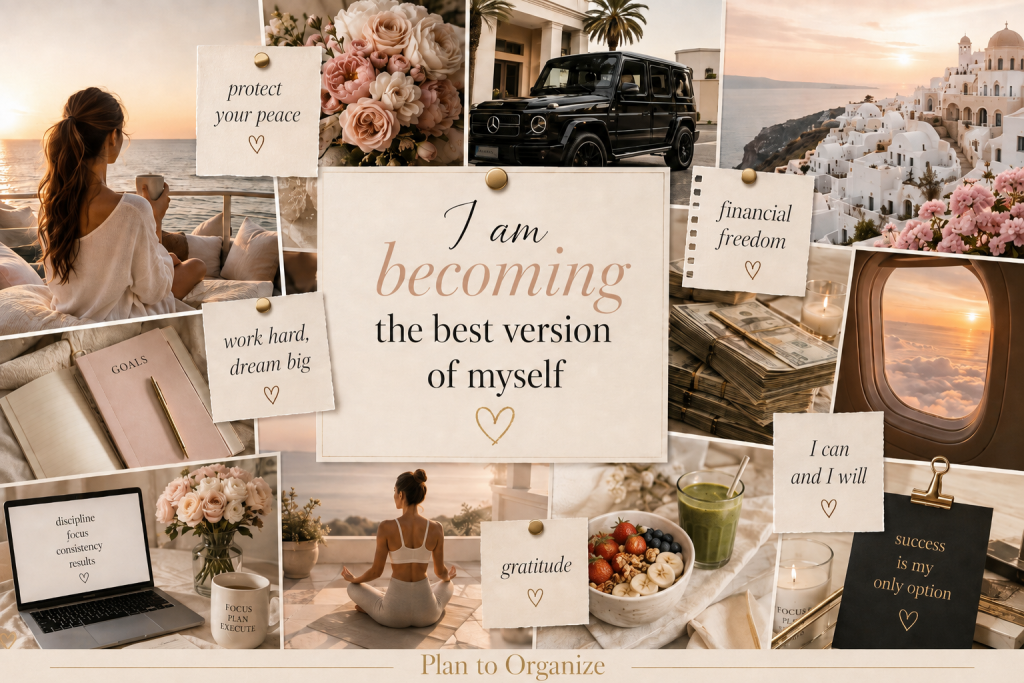 Neutral vision board collage featuring travel, financial freedom, wellness, goal setting, healthy habits, motivation, and luxury lifestyle inspiration with “Plan to Organize” at the bottom.