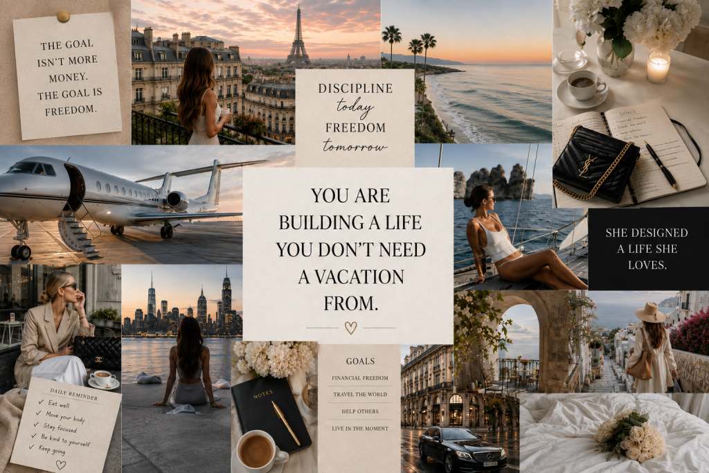 Luxury vision board collage with Paris, travel, financial freedom, wellness, and goal-setting imagery surrounding an inspirational life goals quote.
