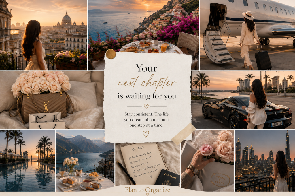 Warm neutral vision board collage with the quote “I am becoming the best version of myself,” surrounded by images of travel, financial freedom, wellness, goal setting, healthy habits, and an elevated lifestyle, with “Plan to Organize” at the bottom.