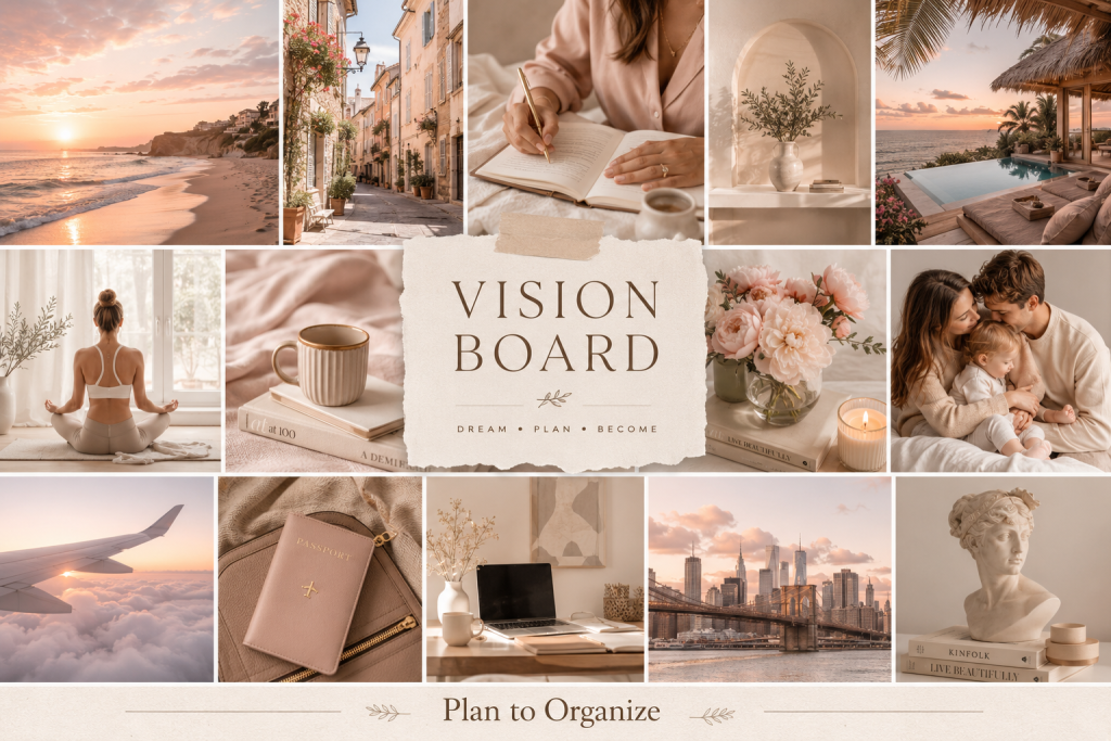 Soft neutral vision board collage featuring travel, wellness, family, goal setting, a peaceful home, city views, and inspirational lifestyle imagery with “Plan to Organize” at the bottom.