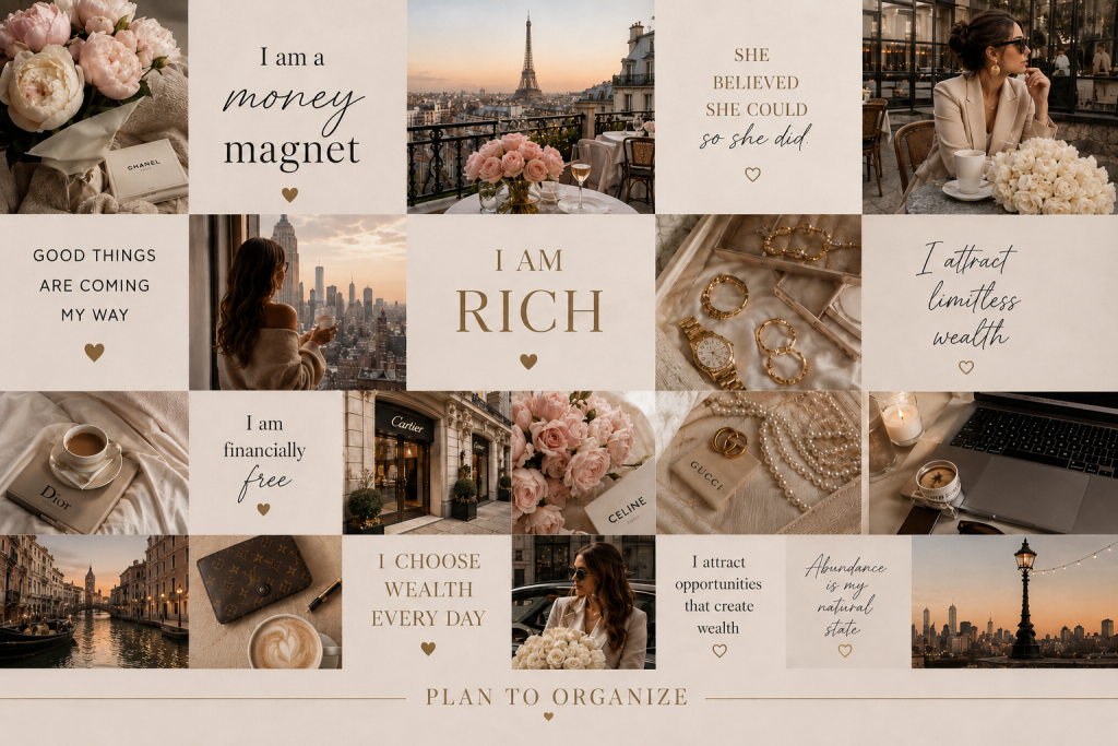 Neutral feminine vision board collage featuring travel, wellness, financial freedom, healthy habits, goal setting, and luxury lifestyle inspiration with “Plan to Organize” at the bottom.
