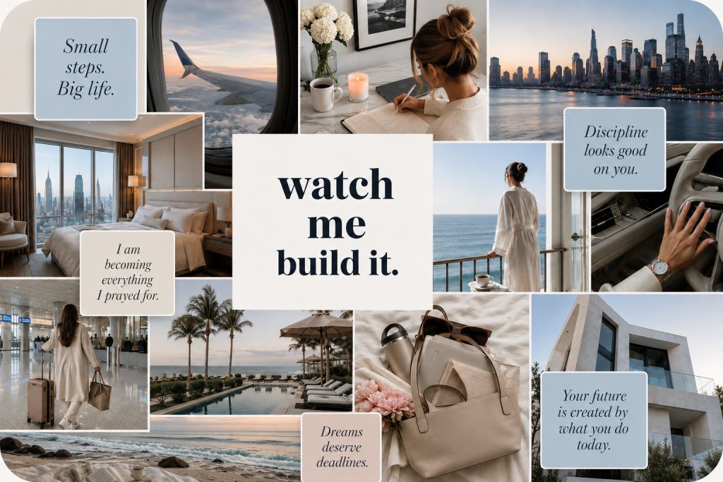 Soft neutral vision board collage with the quote “I am becoming the best version of myself,” surrounded by images of travel, wellness, financial freedom, healthy habits, cozy home moments, and elevated lifestyle inspiration, with “Plan to Organize” at the bottom.