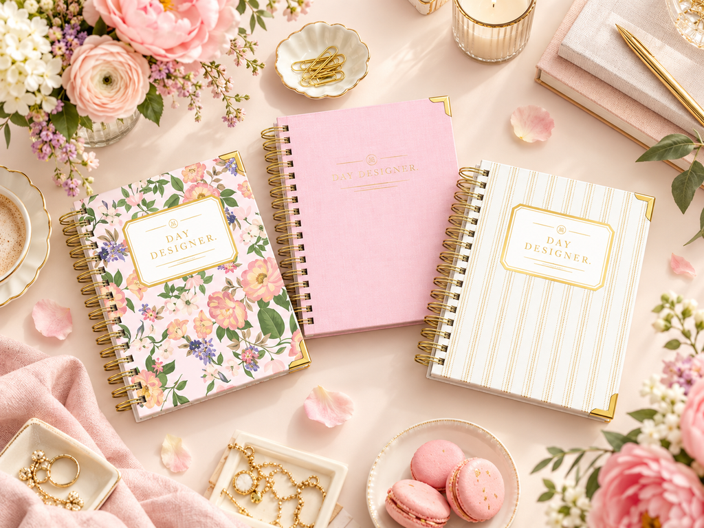 Three 2027 Day Designer Mini Weekly planners in floral, blush pink, and cream striped covers styled on a feminine desk with flowers, macarons, gold stationery, and soft blush accents.
