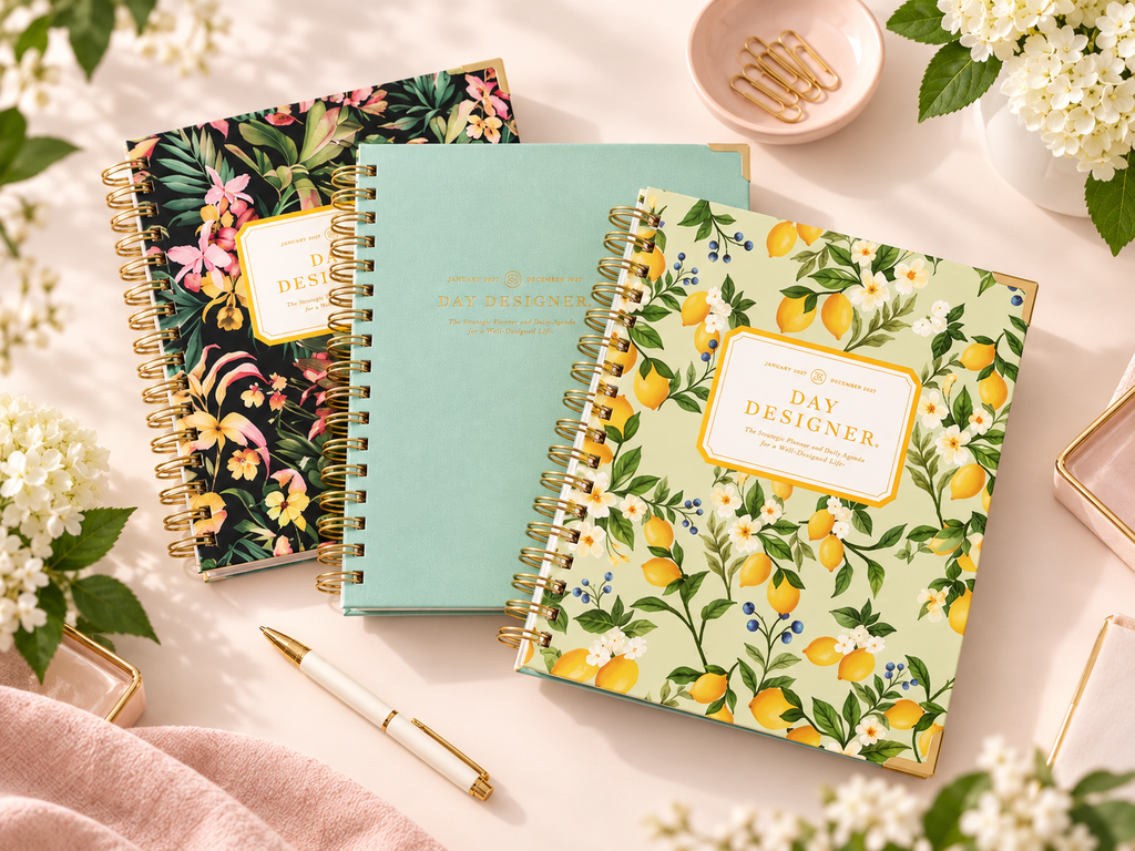 Three 2027 Day Designer planners with blue-and-white swan, colorful floral cityscape, and navy floral covers arranged on a blush desktop with flowers, macarons, coffee, and gold stationery accents.