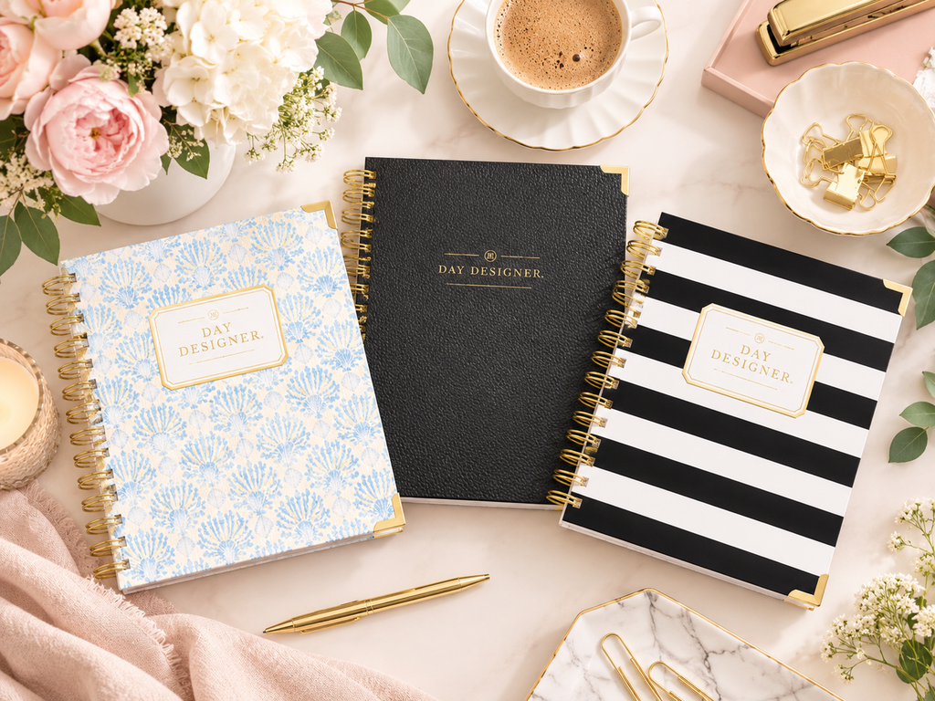 Three 2027 Day Designer weekly planners in light blue coral, black pebble, and black-and-white stripe covers styled on an elegant desk with flowers, coffee, and gold accessories.